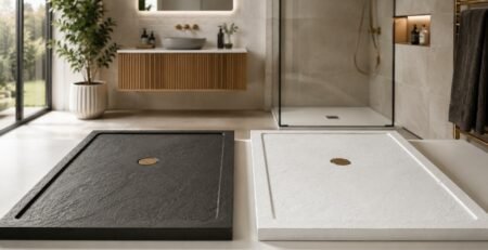 Merlyn vs Tissino stone resin shower trays side by side in a modern UK bathroom
