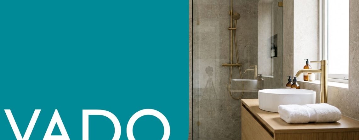 Vado bathroom taps and showers guide – Vado logo beside a modern UK bathroom with brushed brass shower and basin tap