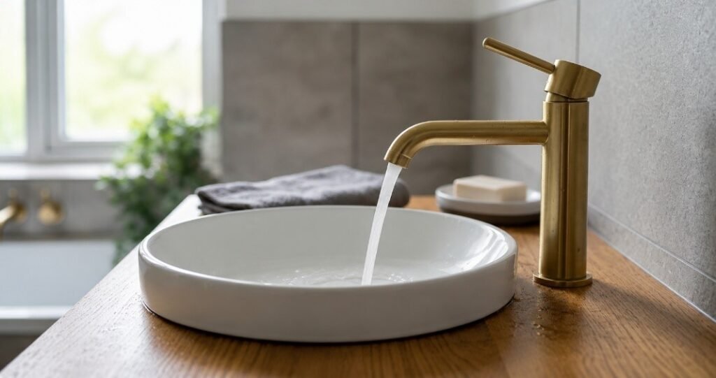 Vado brushed brass mono basin mixer tap on a white countertop basin