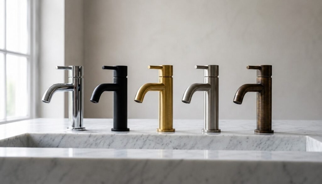 Bathroom tap finishes compared chrome, matt black, brushed brass, nickel and bronze mixer taps