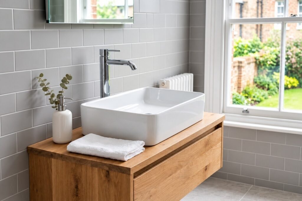 Chrome basin mixer tap fitted to a white bathroom basin