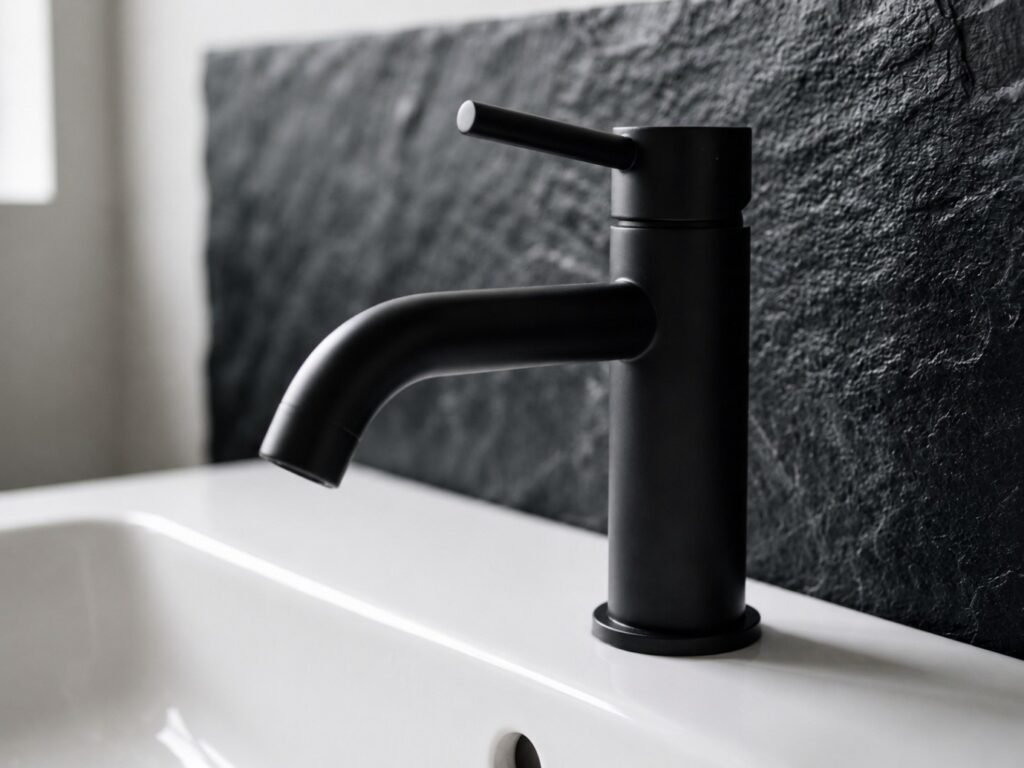 Matt black bathroom taps on a white countertop basin
