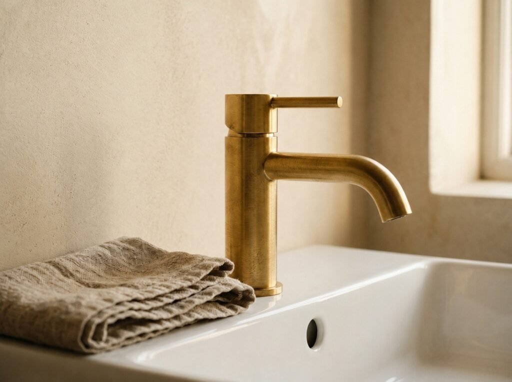 Brushed brass bathroom taps with a white basin