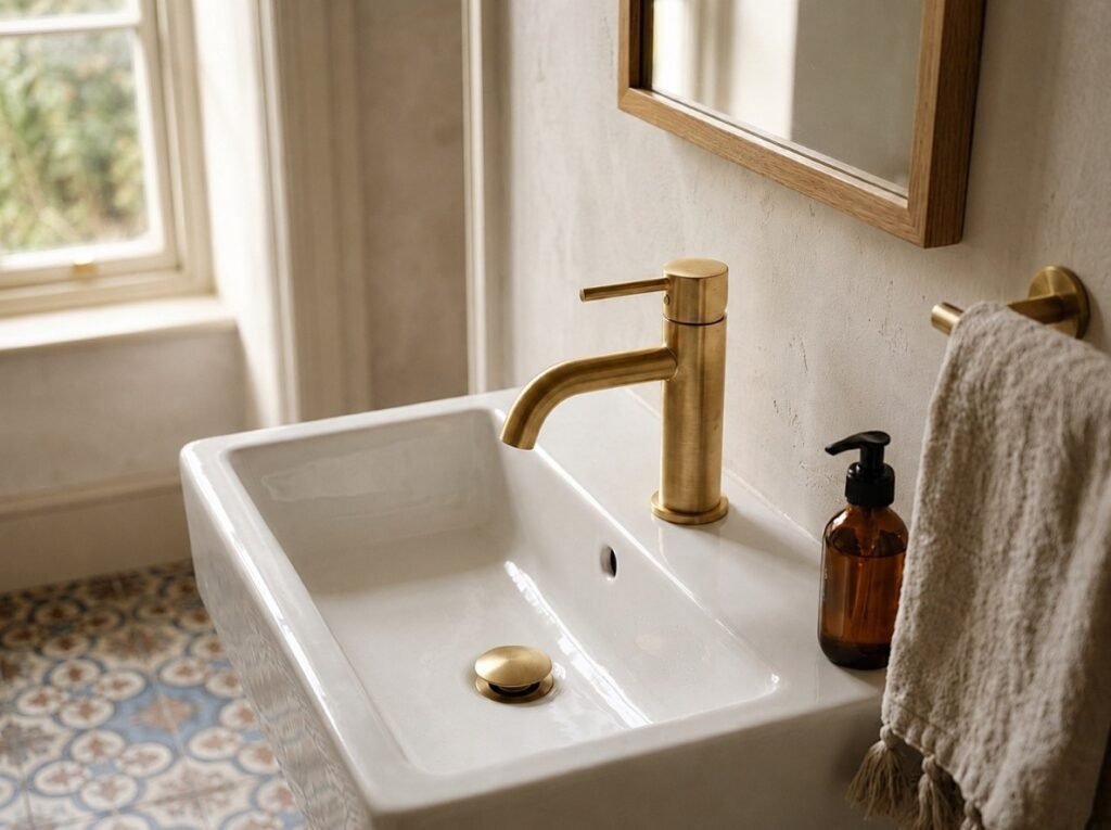 Brushed gold bathroom taps in a UK cloakroom bathrooms